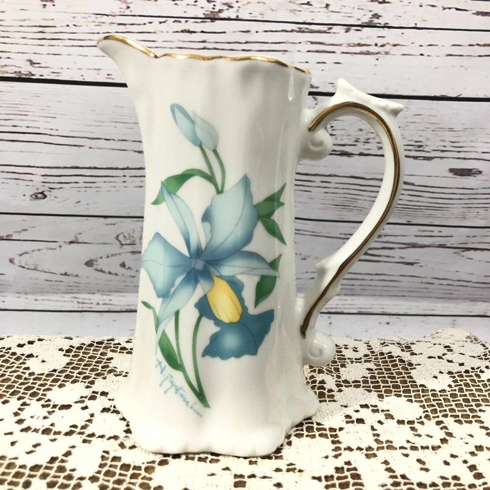 Raj Calif Porcelain Pitcher Signed Day Lily
